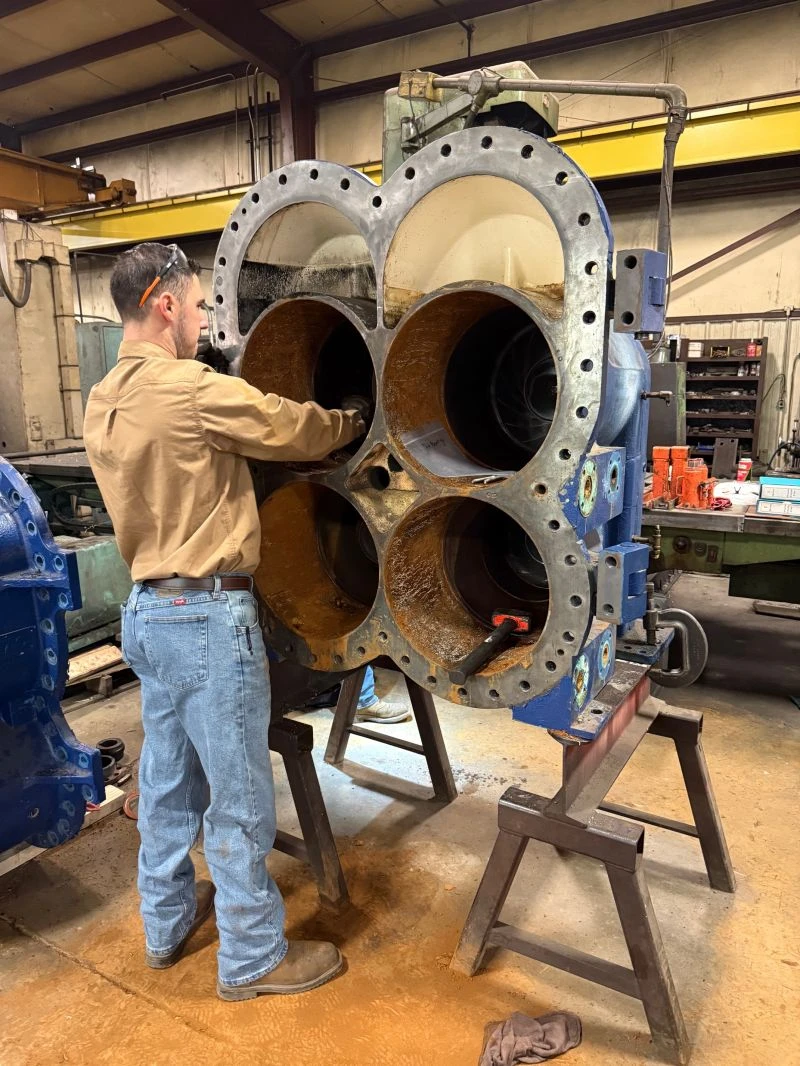 Corroded centrifugal compressor casing prepared for restoration