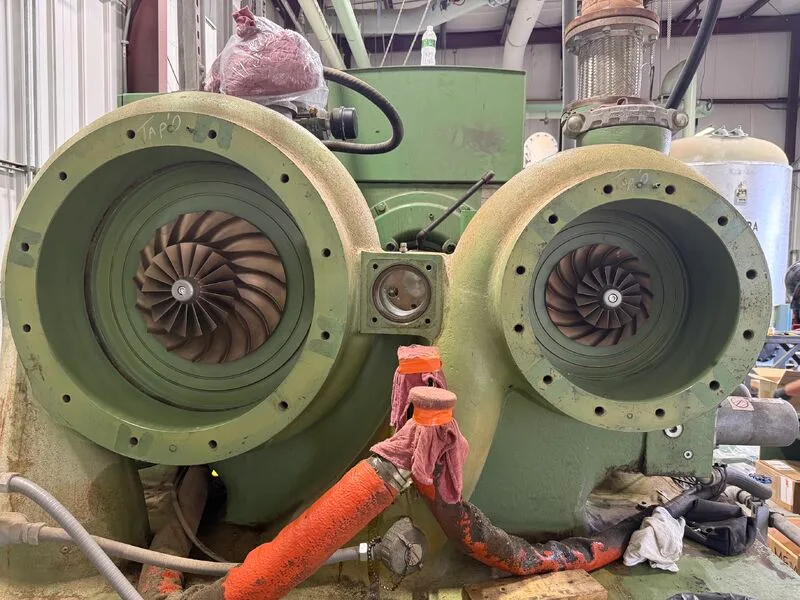 TA-9000 centrifugal compressor opened up in the shop with both impeller stages exposed