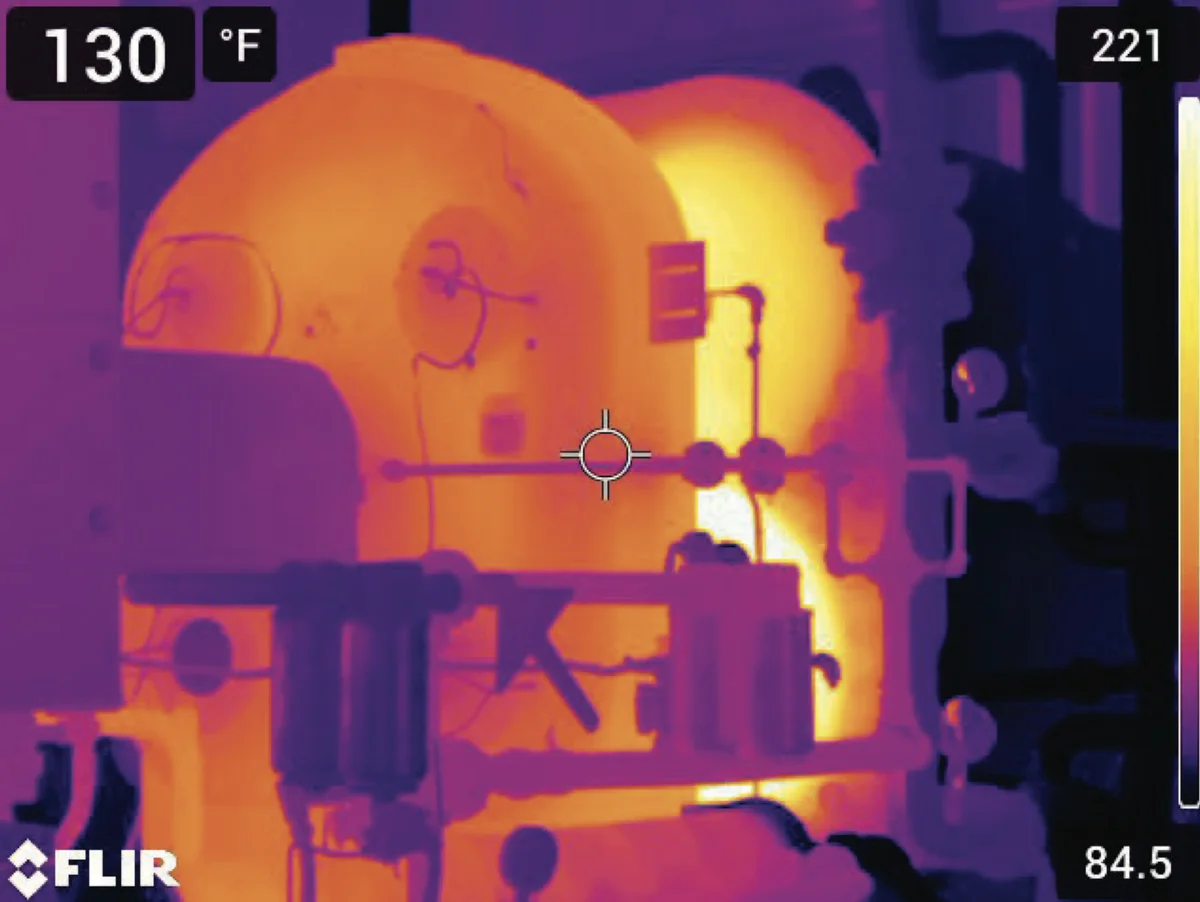 Second thermal view of the same centrifugal compressor package showing heat distribution across the casing