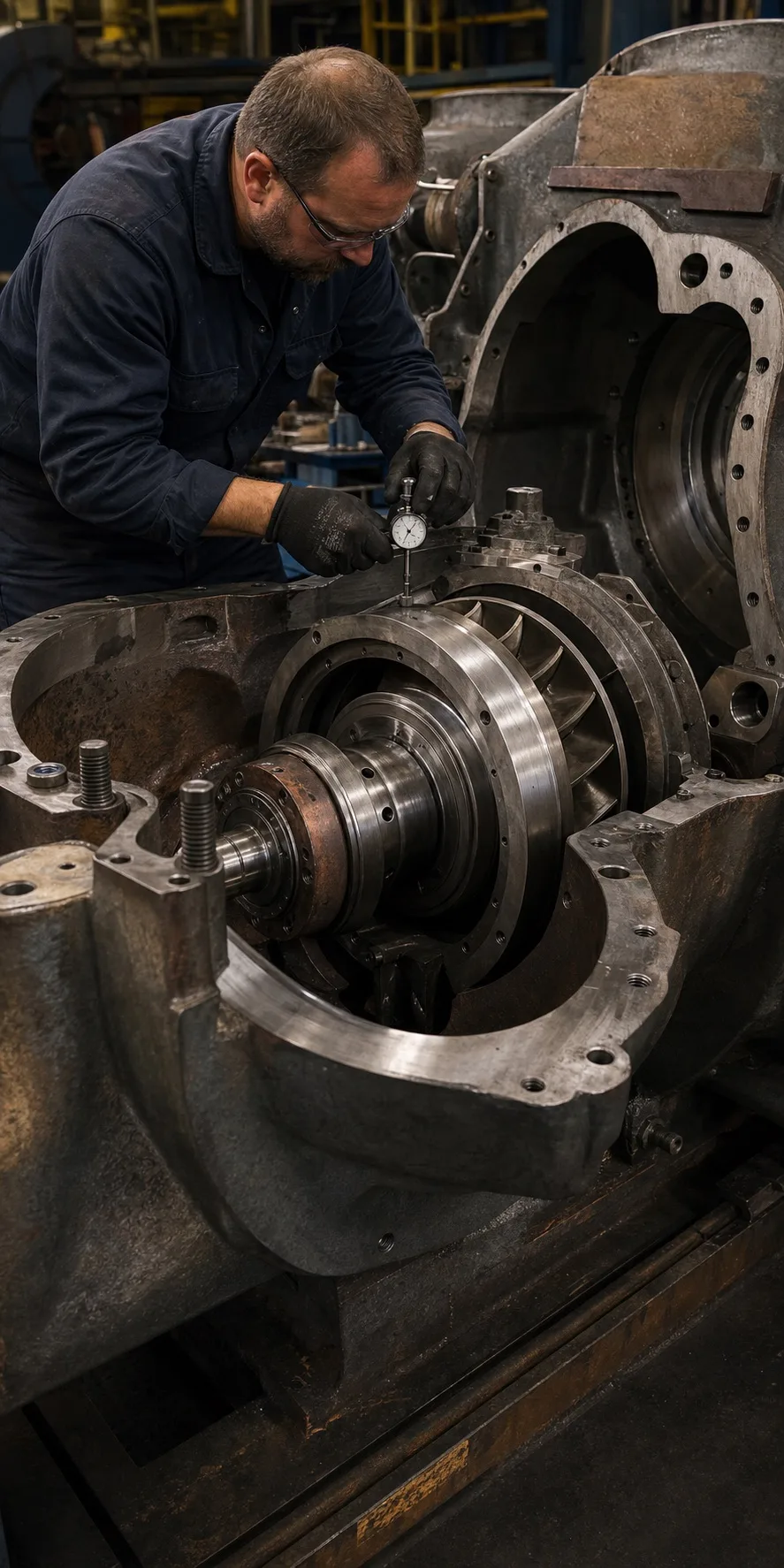 Technician using a dial indicator to measure a centrifugal compressor impeller during a rebuild