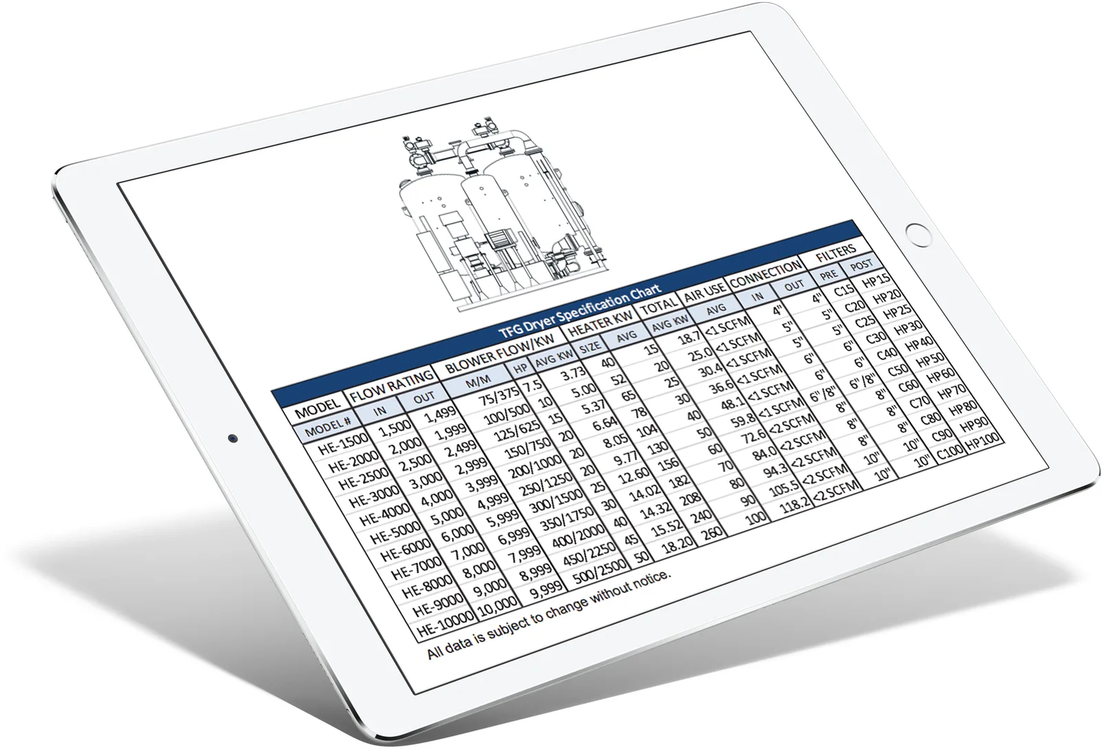 TFG Controls compressor specifications screen